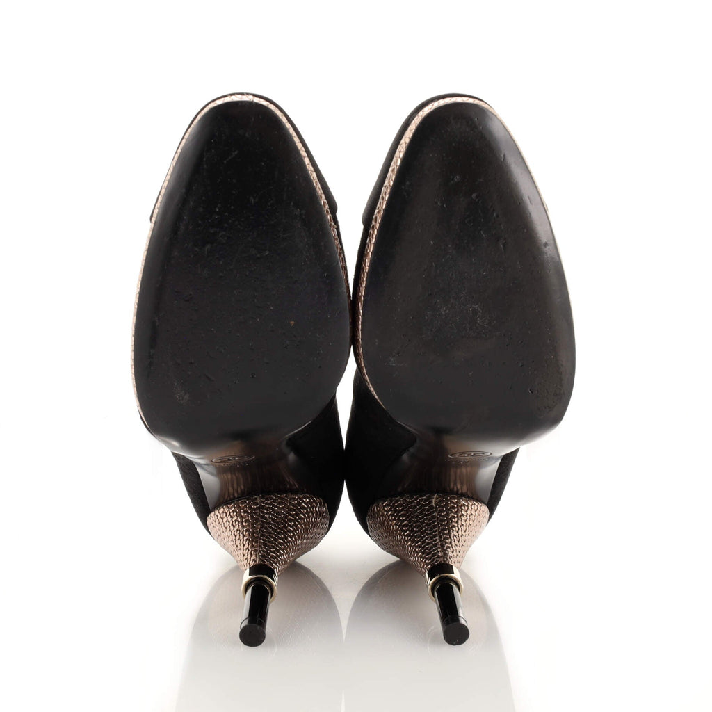 Women's CC Cap Toe Logo Heel Pumps Suede with Satin and Embossed Leather