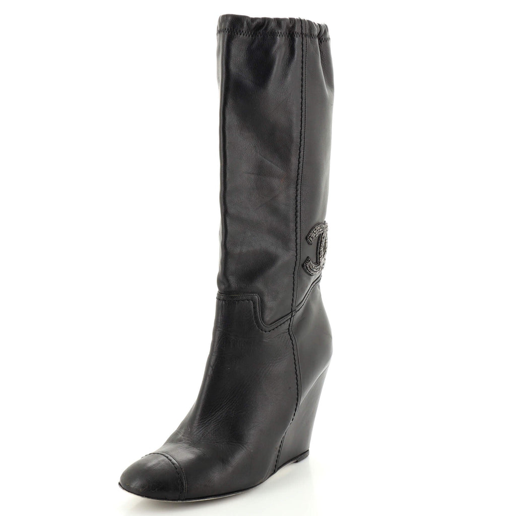 Women's CC Wedge Boots Leather with Beaded Detail