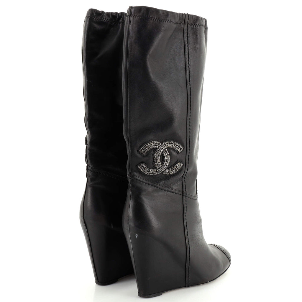 Women's CC Wedge Boots Leather with Beaded Detail