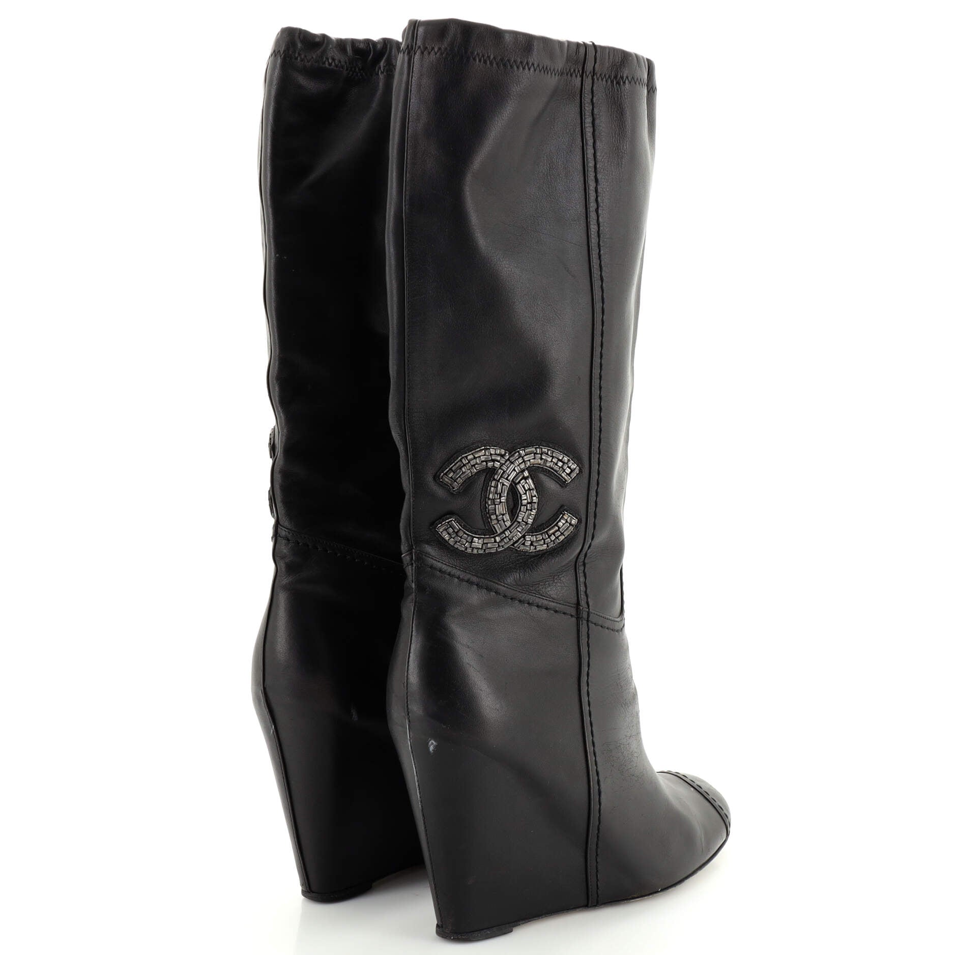 Women's CC Wedge Boots Leather with Beaded Detail