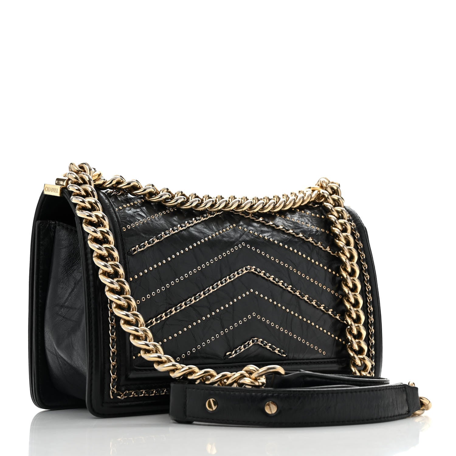 Crumpled Calfskin Chevron Chain Medium Boy Flap Black