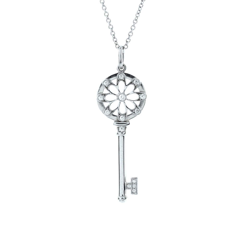Floral Key Pendant Necklace 18K White Gold with Diamonds