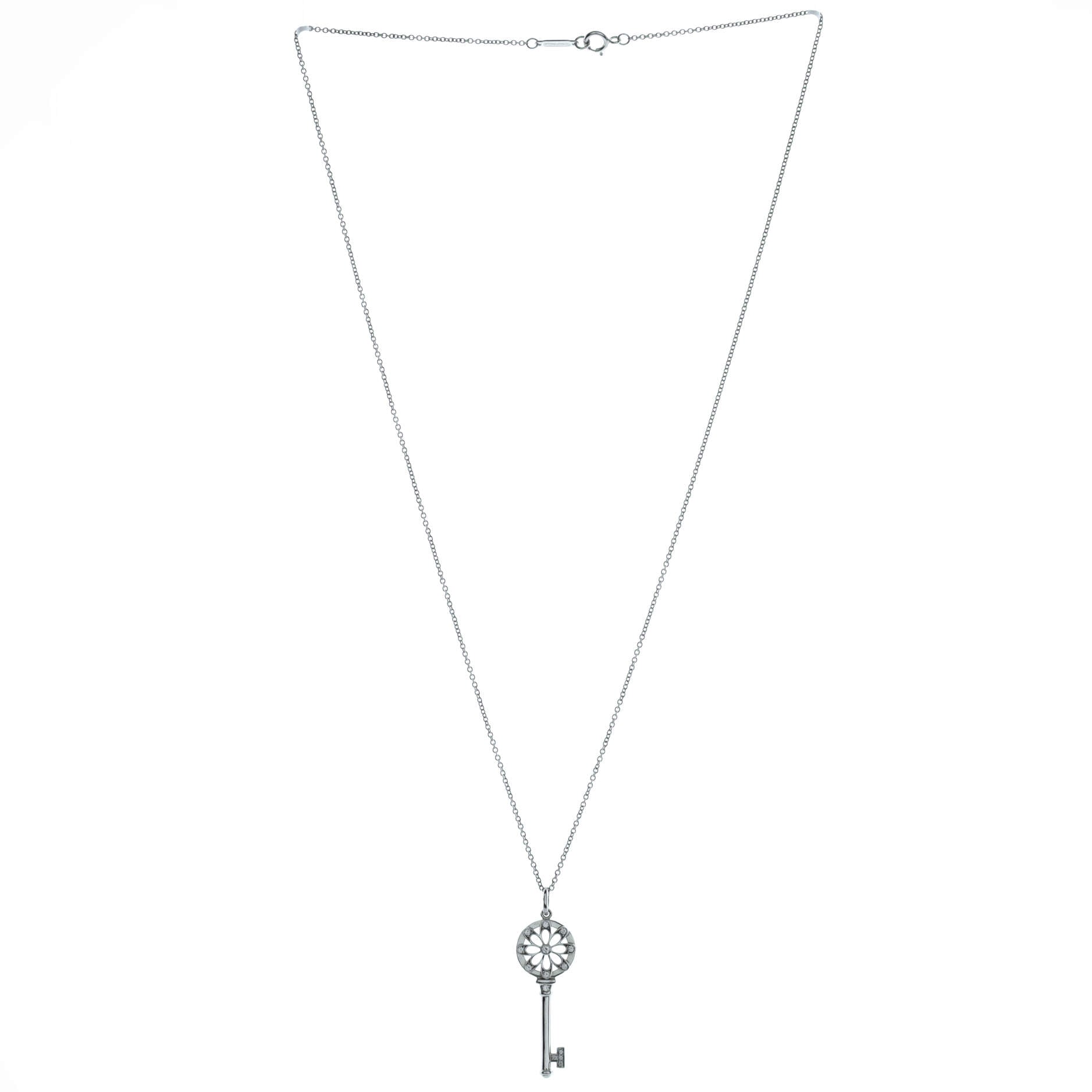 Floral Key Pendant Necklace 18K White Gold with Diamonds