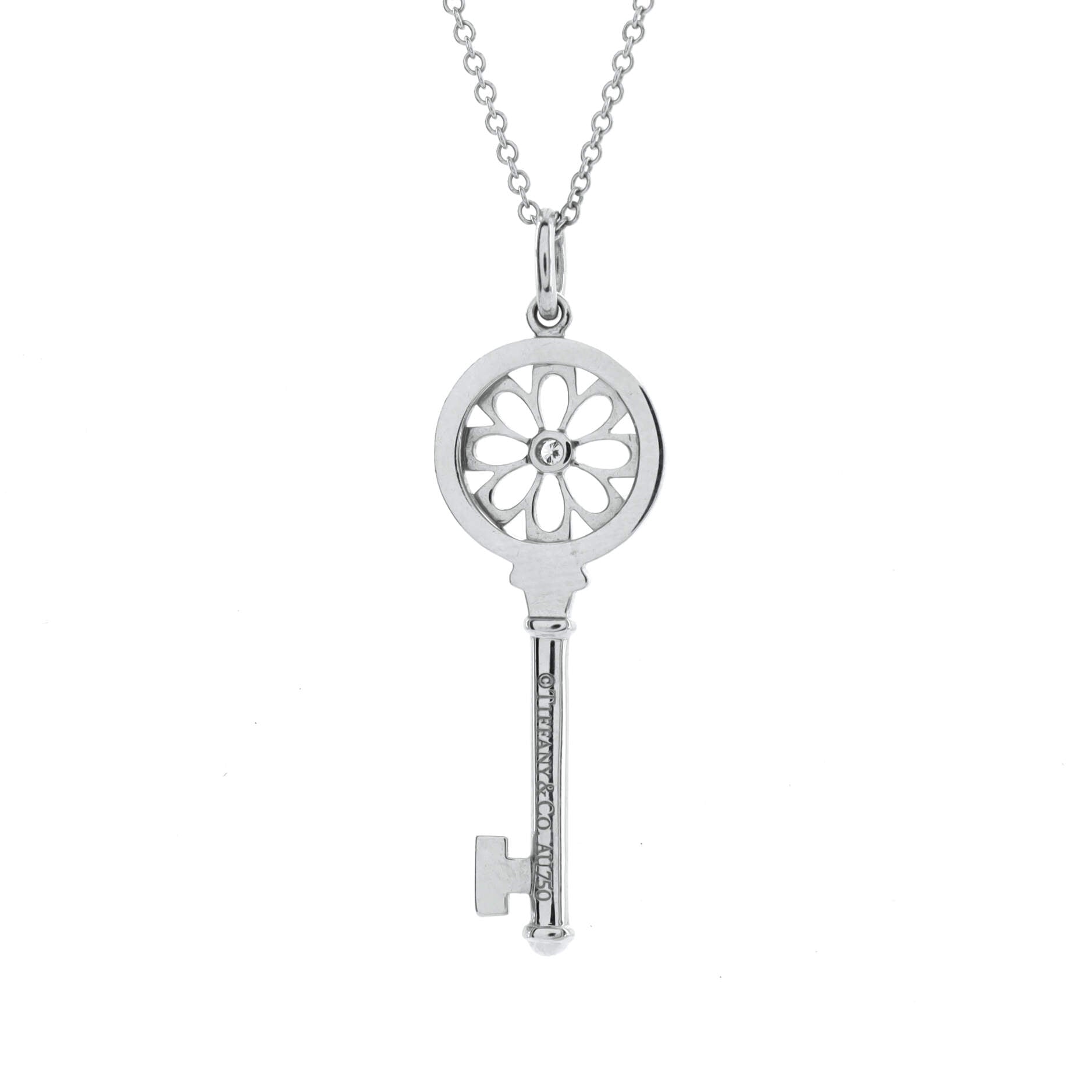 Floral Key Pendant Necklace 18K White Gold with Diamonds
