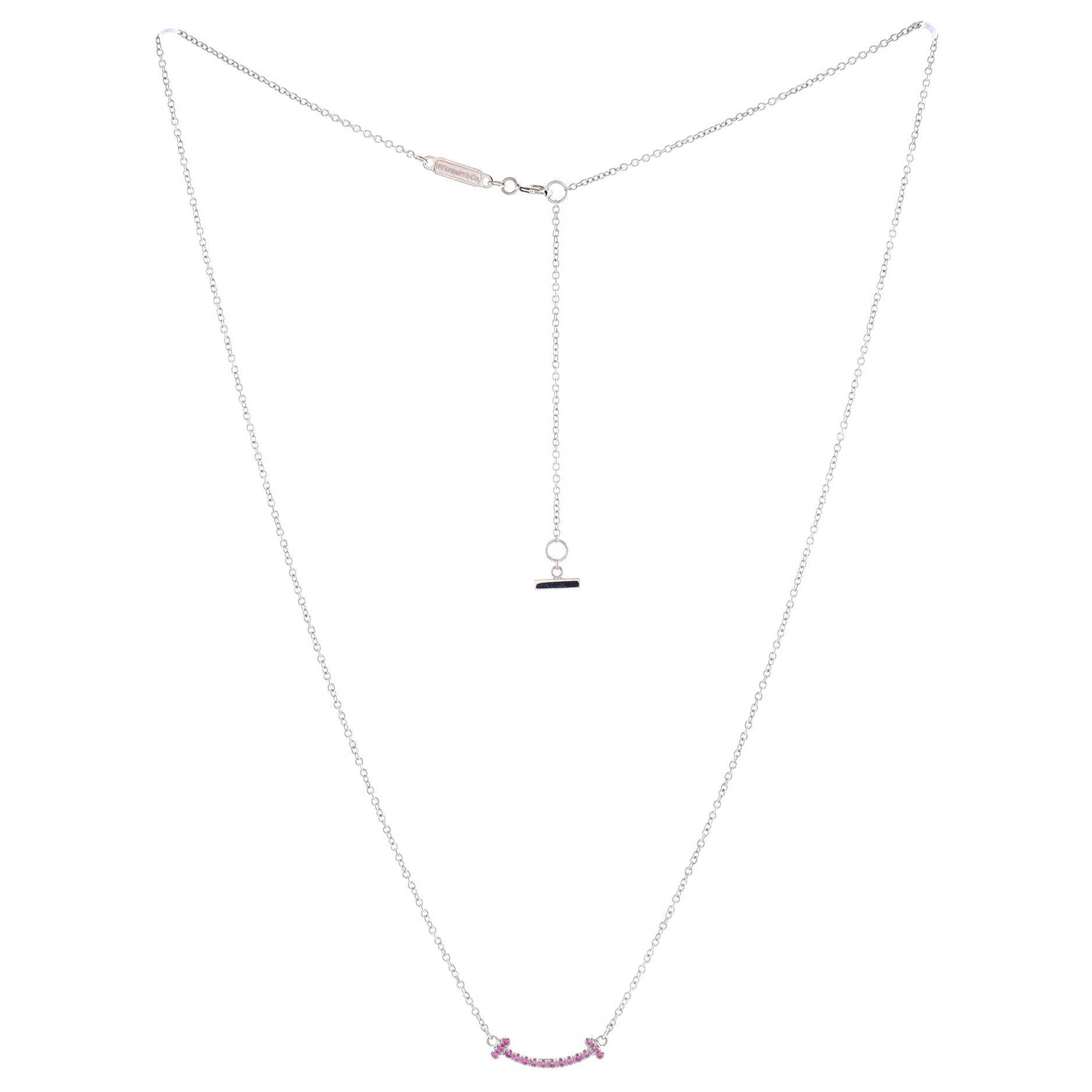 T Smile Pendant Necklace 18K White Gold with Pink Sapphires Mini