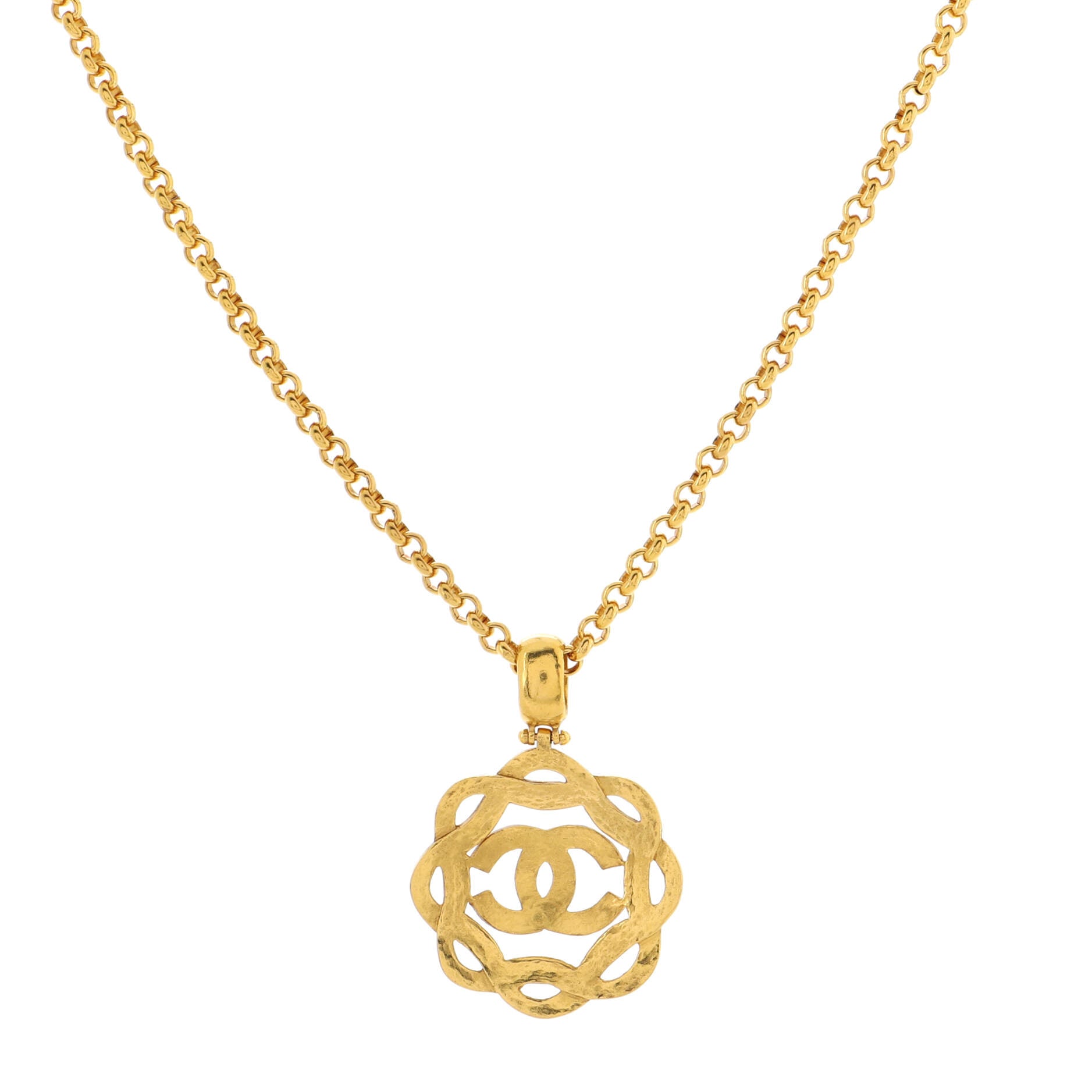 Vintage CC Round Cut-Out Pendant Necklace Metal