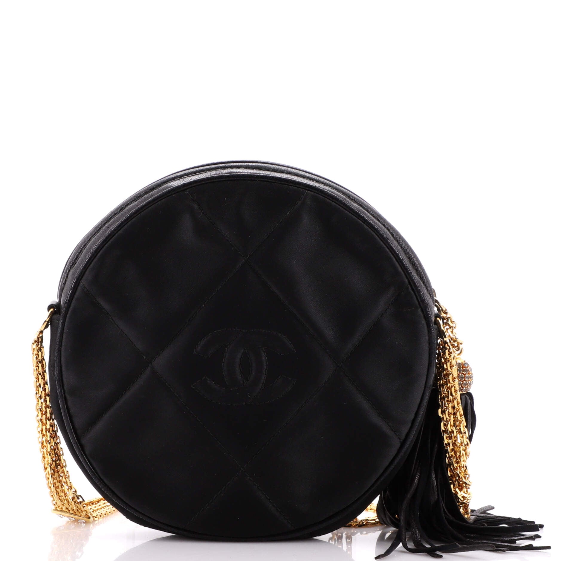 Vintage Round Tassel Crossbody Bag Quilted Satin Mini