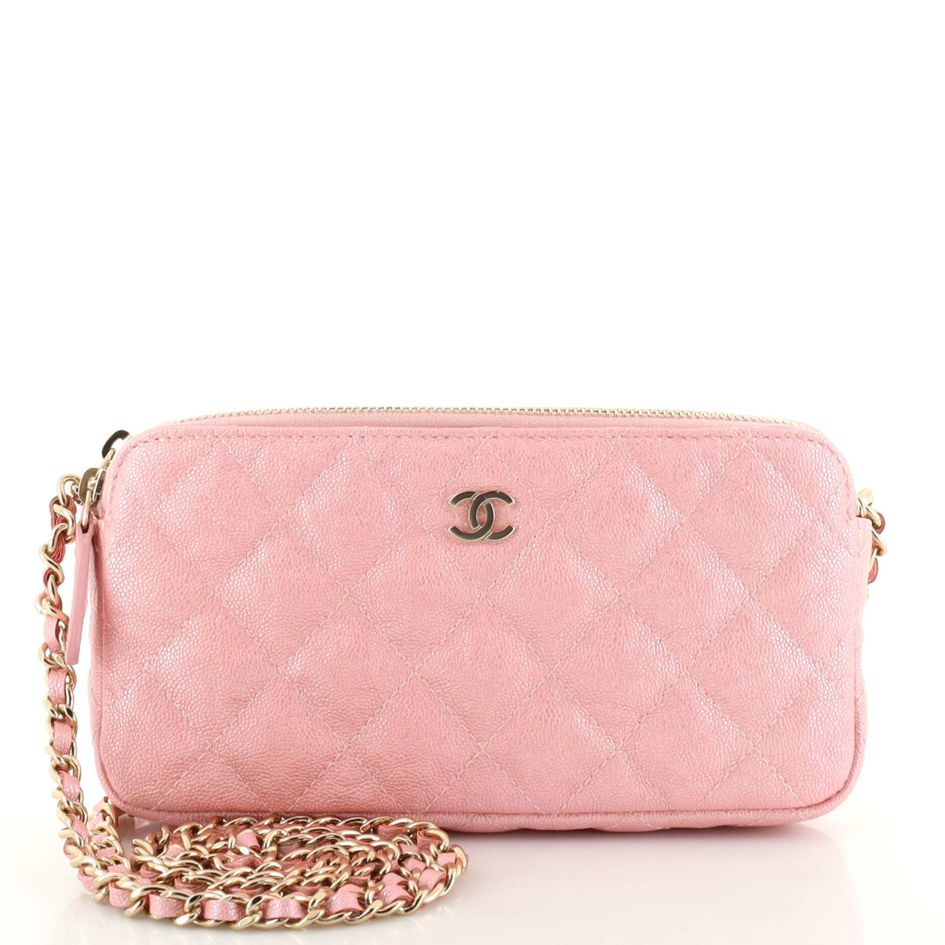 Double Zip Clutch with Chain Quilted Iridescent Caviar