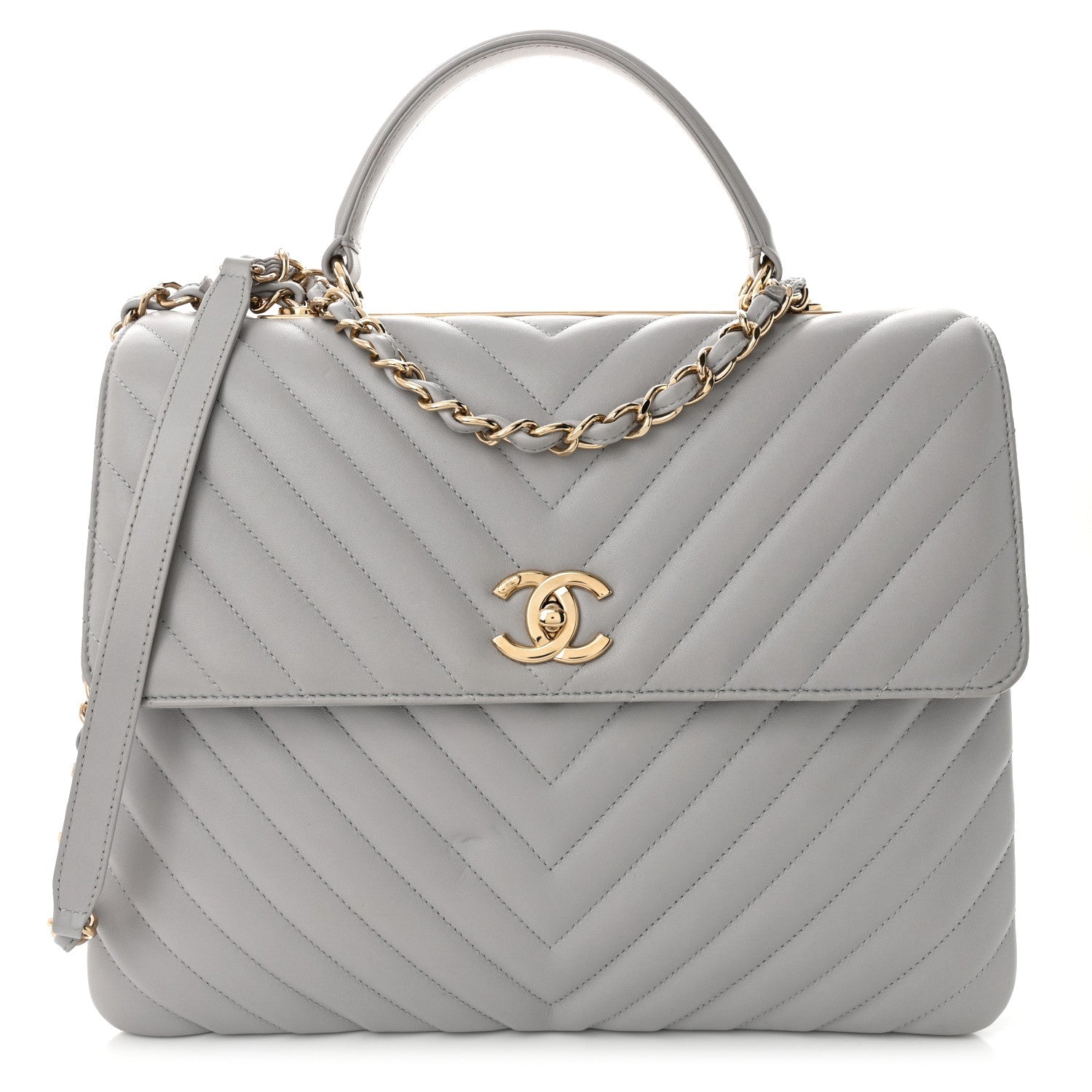 Lambskin Chevron Quilted Large Trendy CC Dual Handle Flap Bag Grey