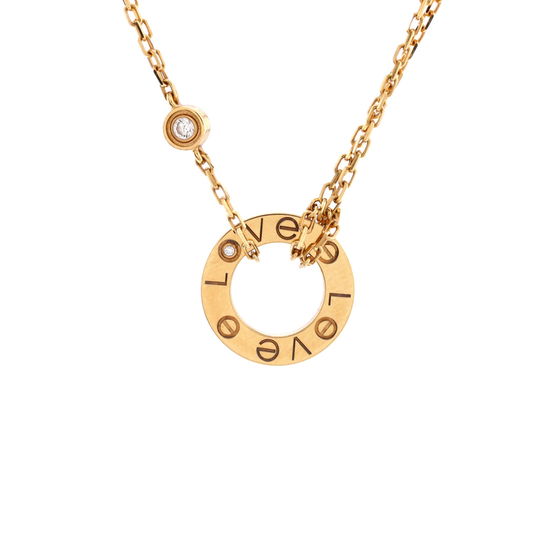 2 Diamonds Love Pendant Necklace 18K Yellow Gold and Diamonds