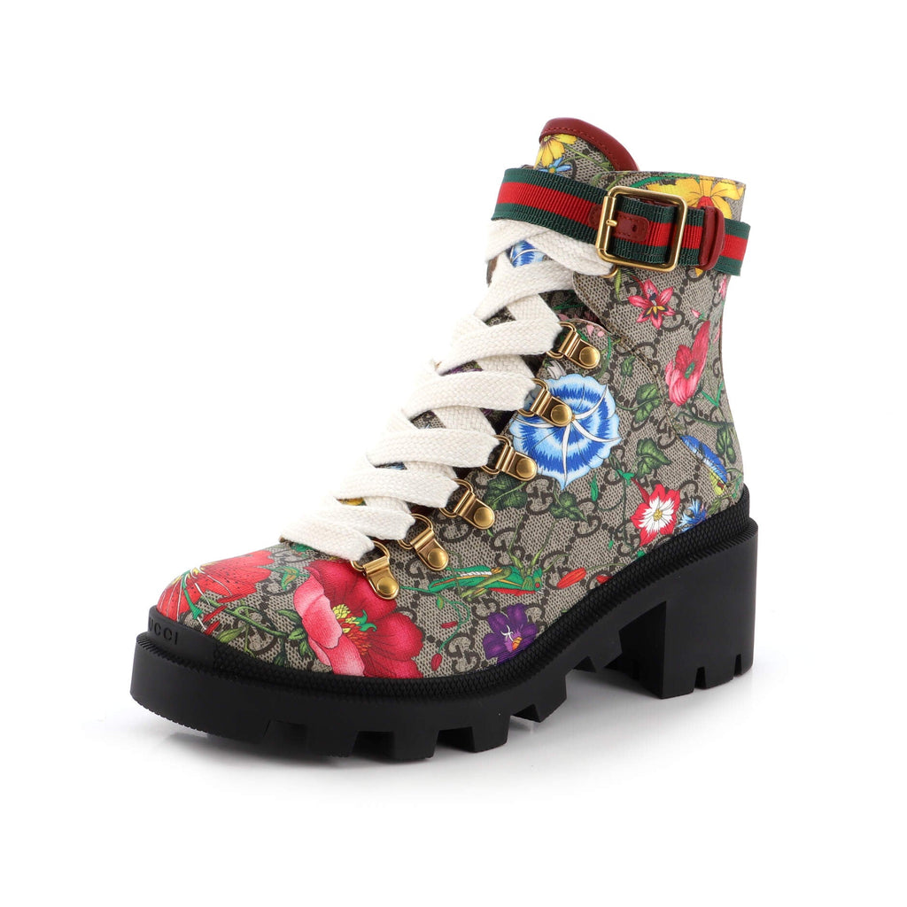 Women's Heeled Lace Up Combat Ankle Boots Flora GG Coated Canvas
