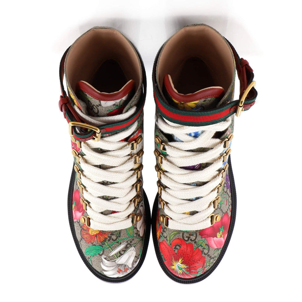 Women's Heeled Lace Up Combat Ankle Boots Flora GG Coated Canvas