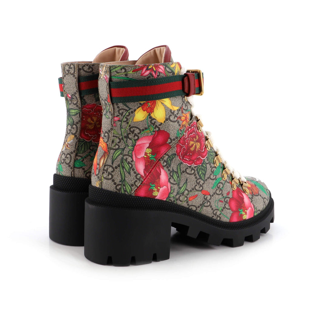 Women's Heeled Lace Up Combat Ankle Boots Flora GG Coated Canvas