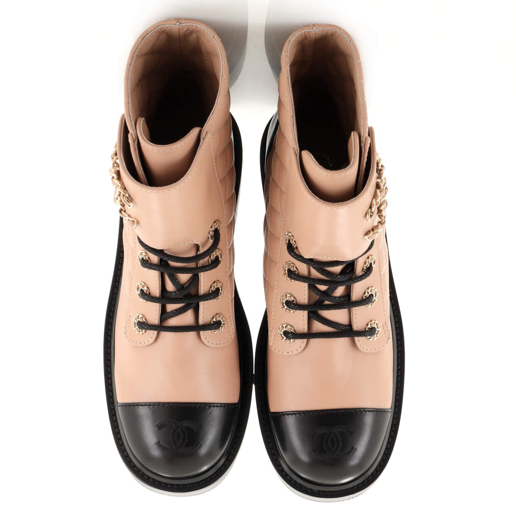 Women's Chain CC Cap Toe Lace Up Combat Boots Quilted Leather