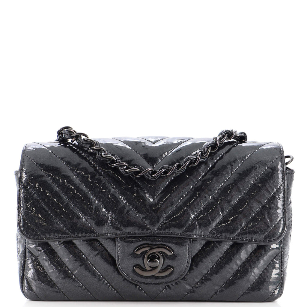 So Black Classic Single Flap Bag Chevron Crumpled Patent Mini