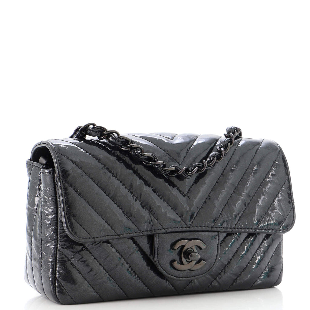So Black Classic Single Flap Bag Chevron Crumpled Patent Mini