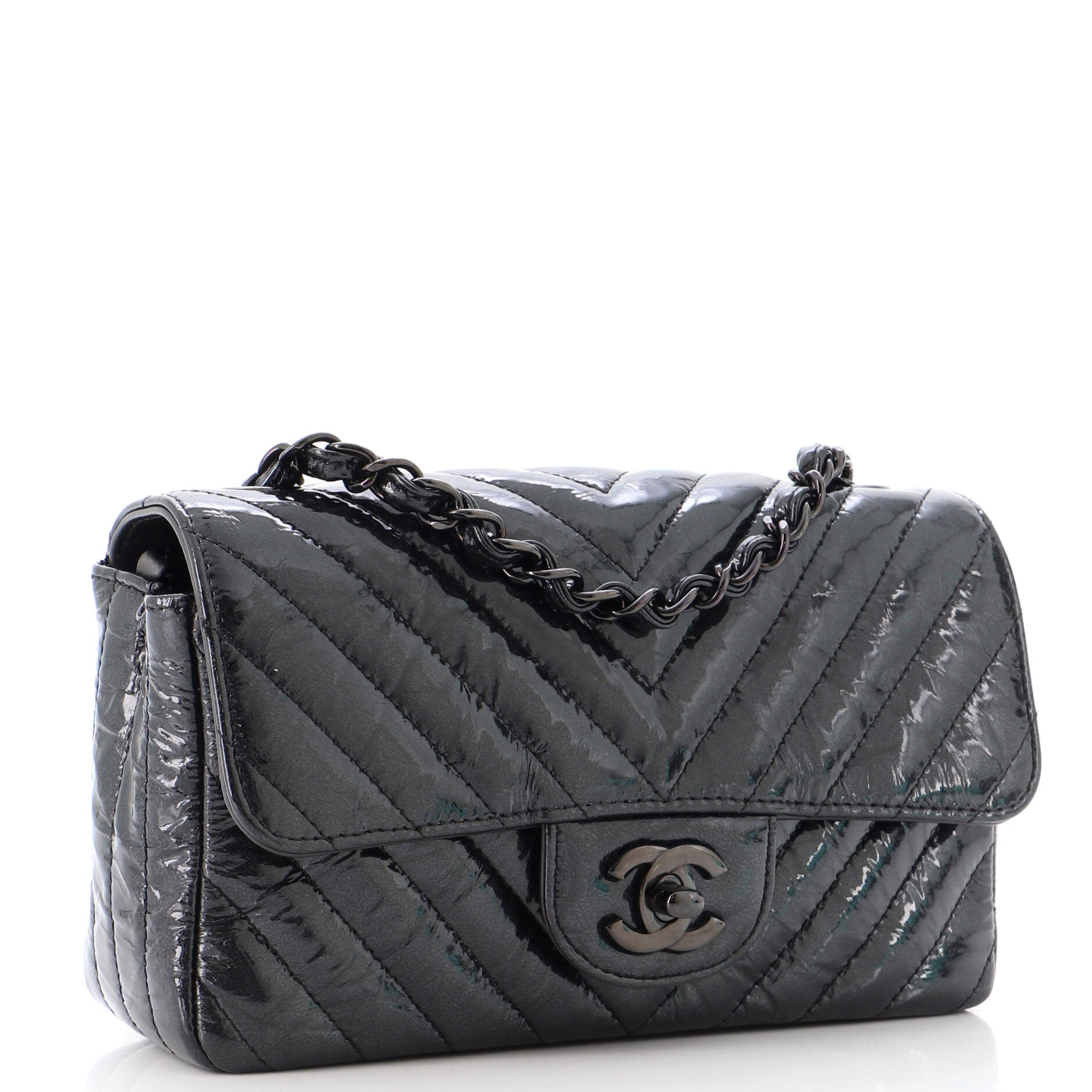 So Black Classic Single Flap Bag Chevron Crumpled Patent Mini