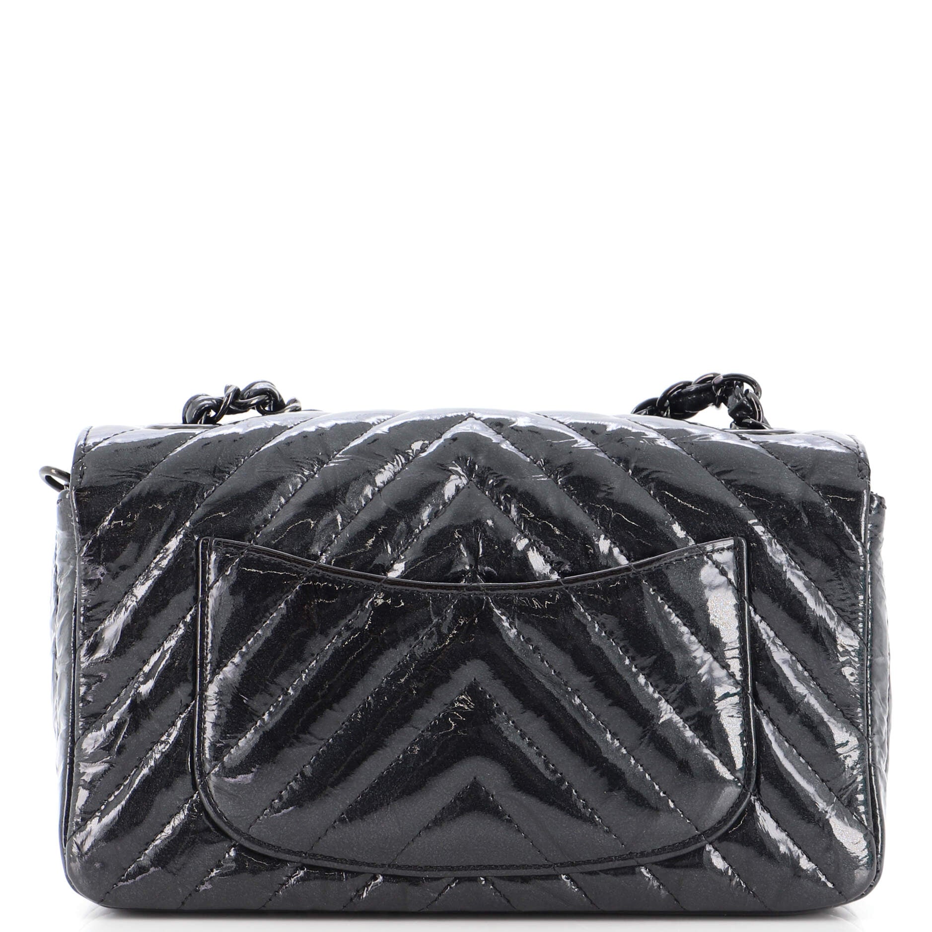 So Black Classic Single Flap Bag Chevron Crumpled Patent Mini