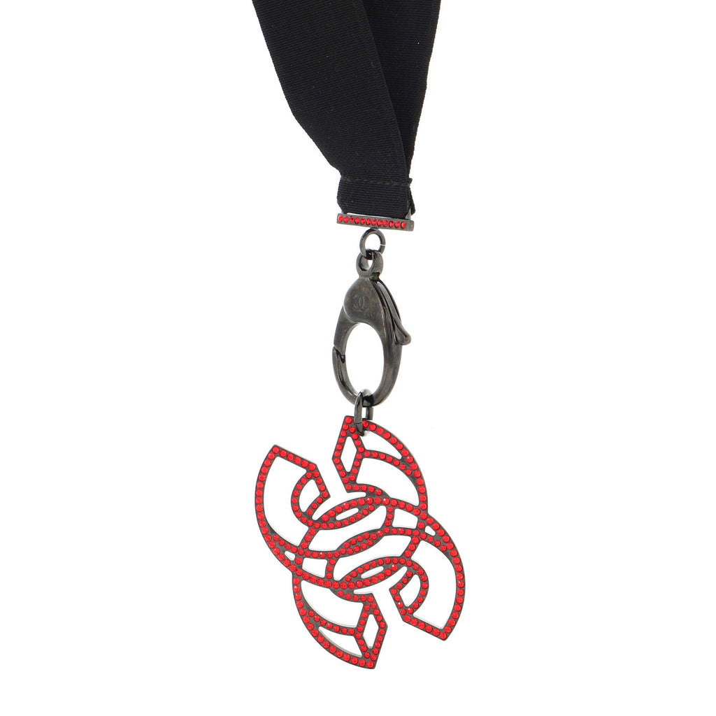 CC Lanyard Necklace Grosgrain with Crystal Embellished Metal