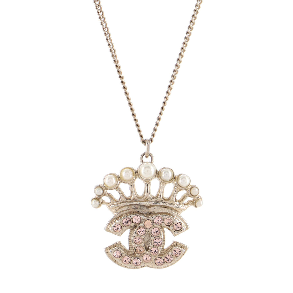Crown CC Pendant Necklace Metal with Crystals and Faux Pearls