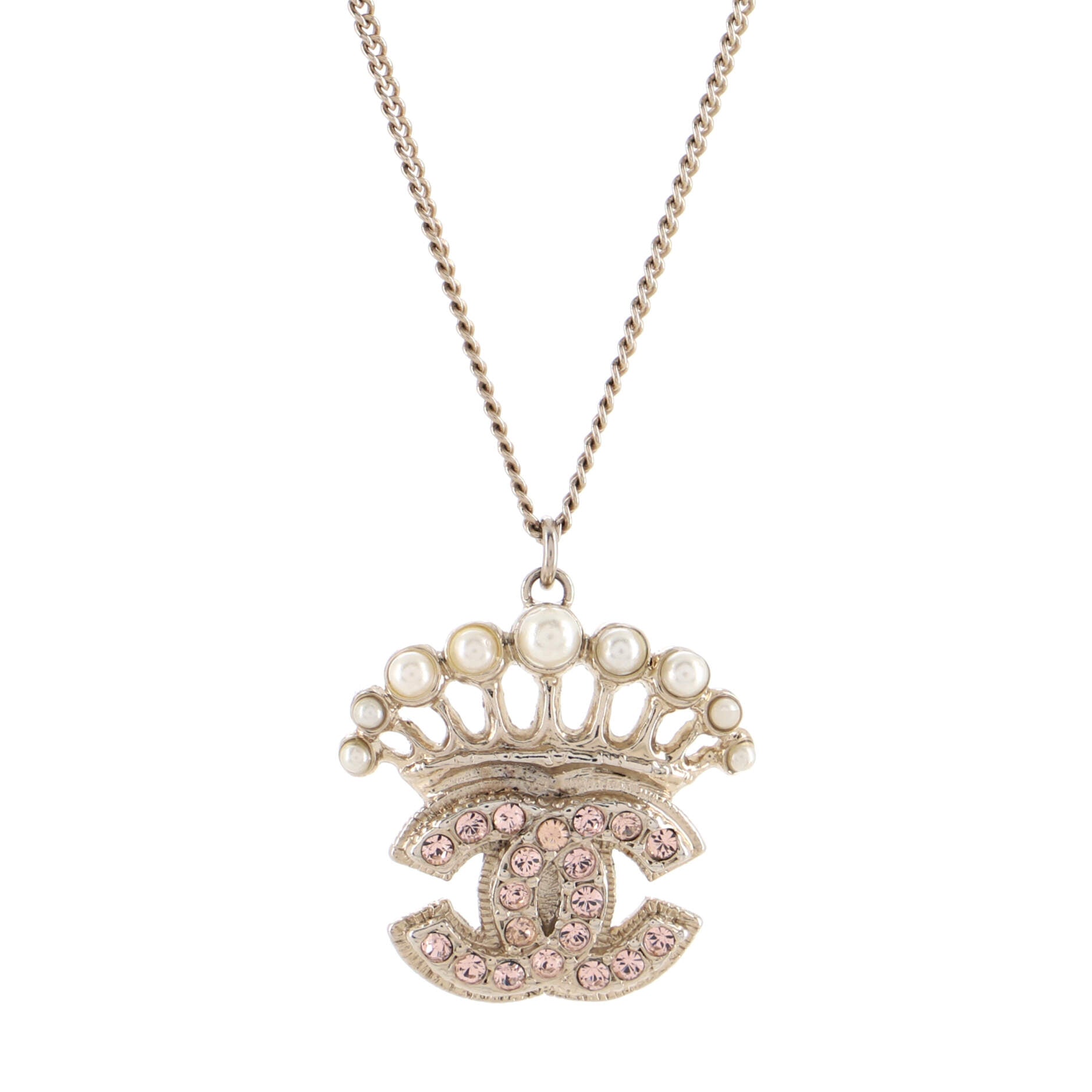 Crown CC Pendant Necklace Metal with Crystals and Faux Pearls