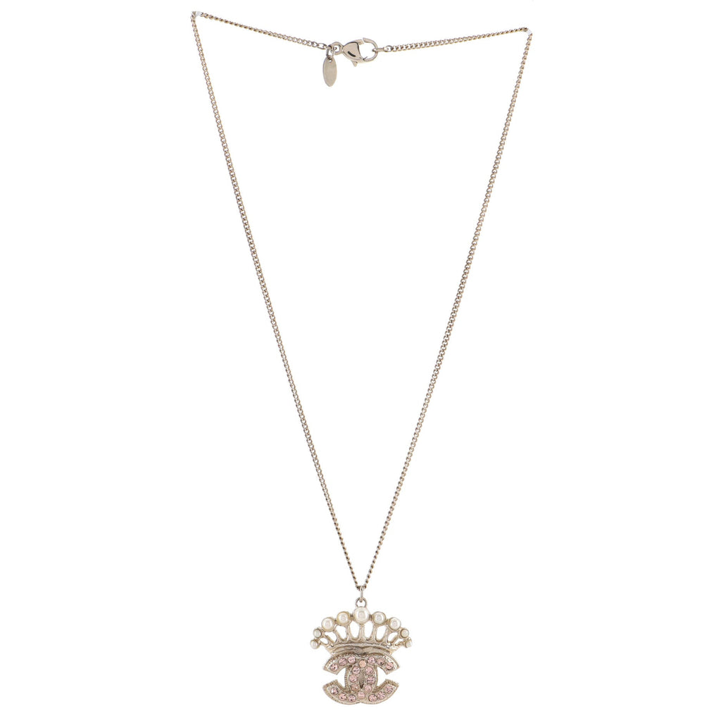 Crown CC Pendant Necklace Metal with Crystals and Faux Pearls