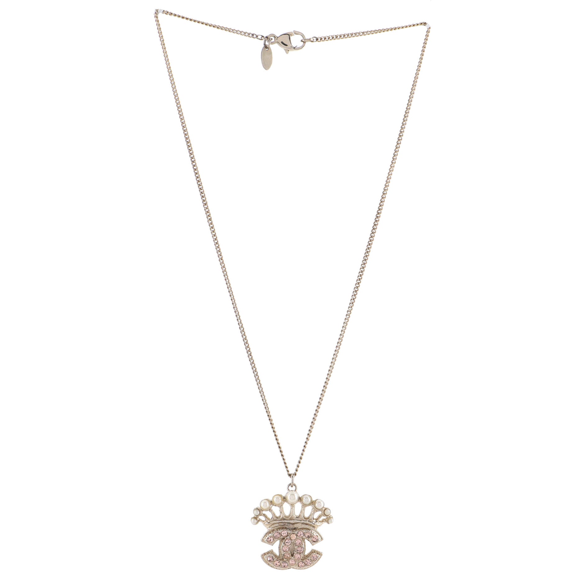 Crown CC Pendant Necklace Metal with Crystals and Faux Pearls
