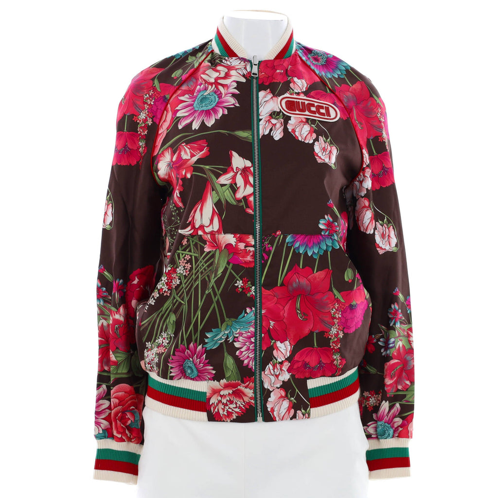 Women's Reversible Logo Patch Bomber Jacket Floral Print Silk
