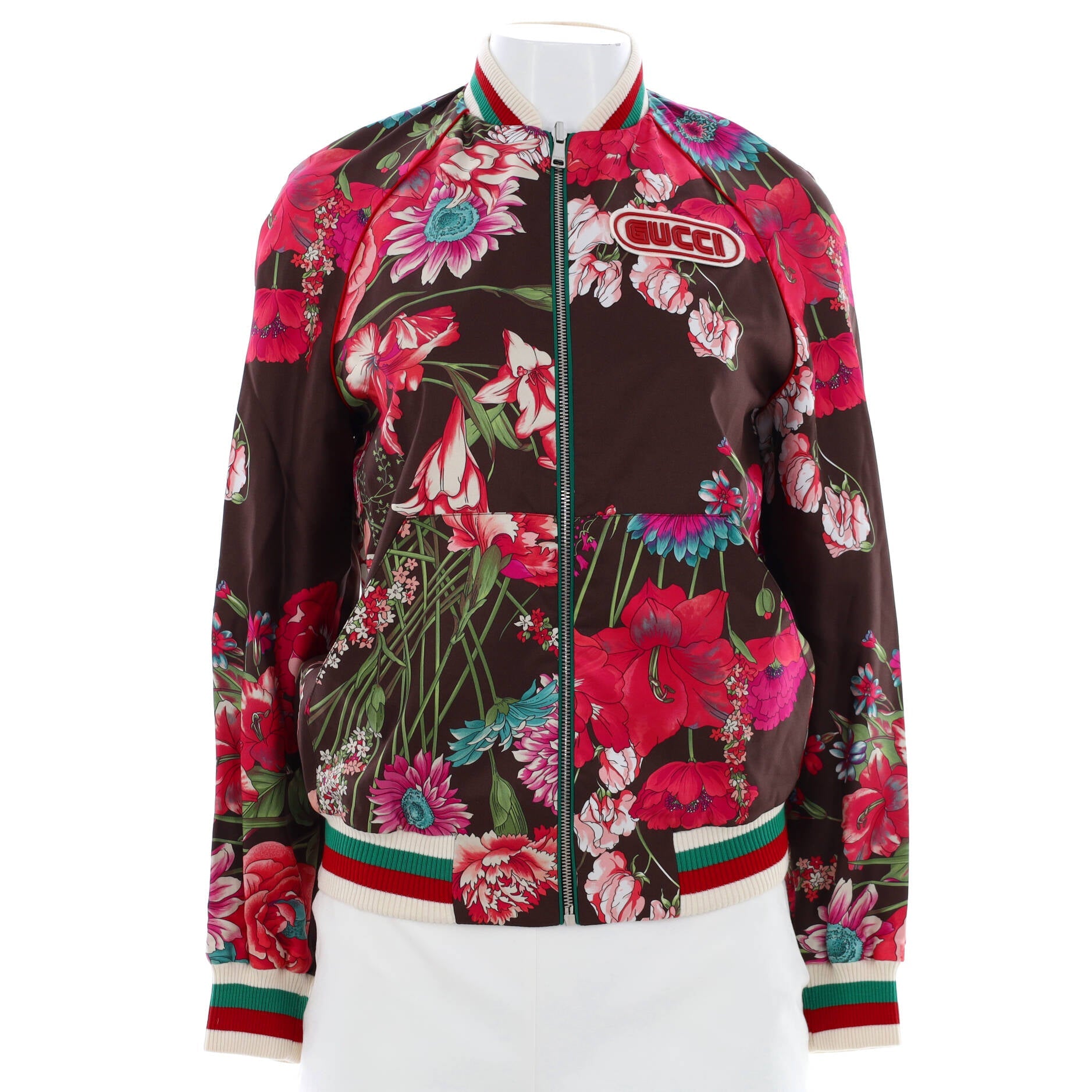 Women's Reversible Logo Patch Bomber Jacket Floral Print Silk