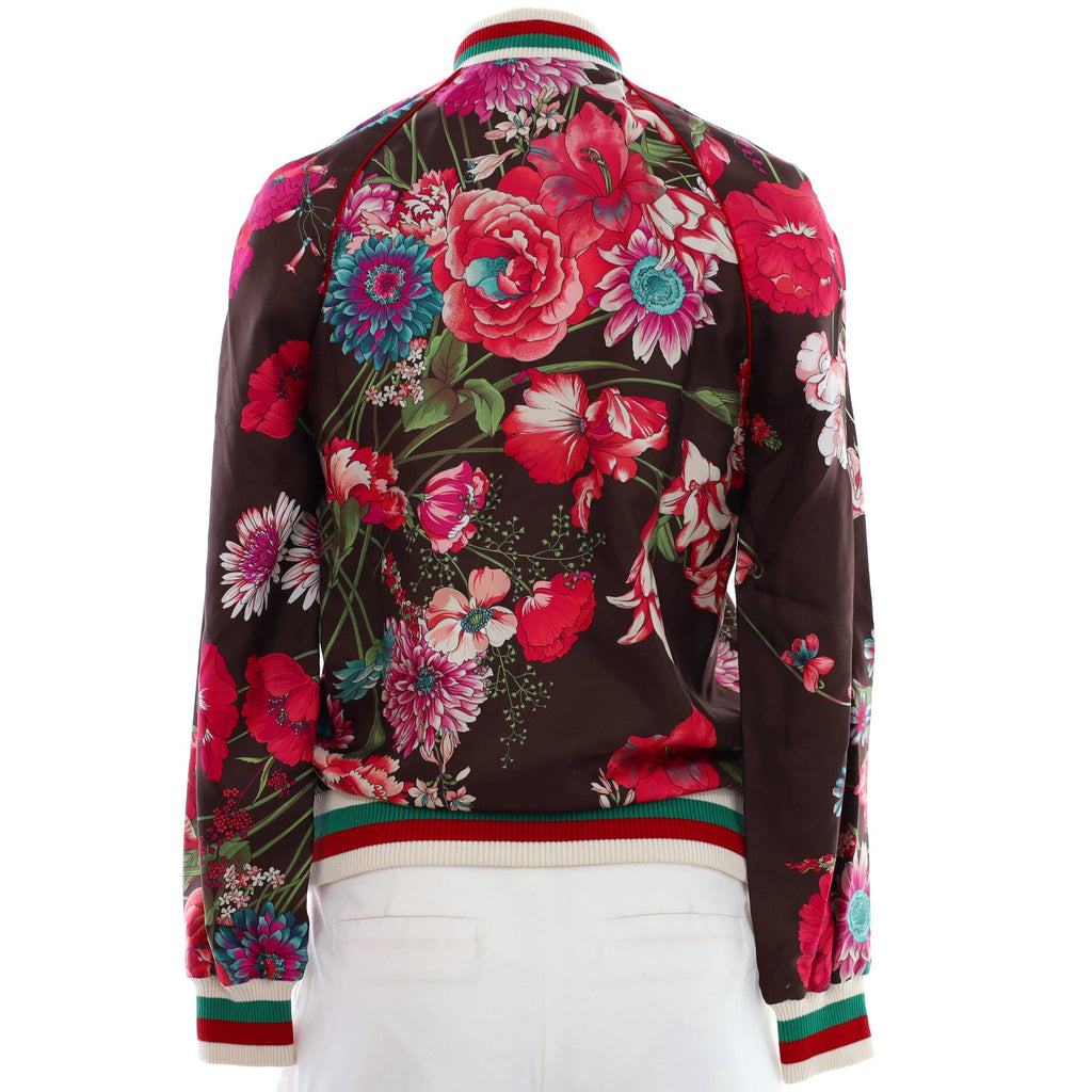 Women's Reversible Logo Patch Bomber Jacket Floral Print Silk