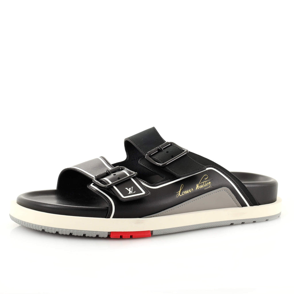 Men's LV Script Trainer Flat Mule Sandals Mixed Materials