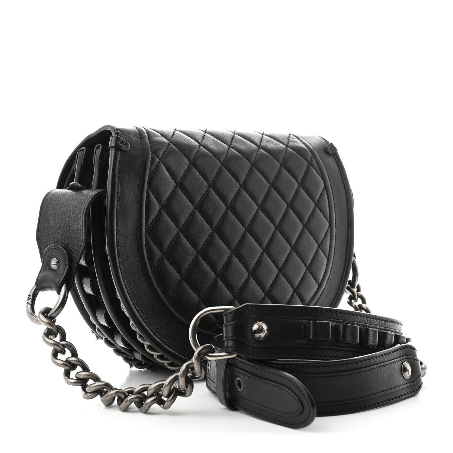 Pony Hair Calfskin Quilted Dallas Studded Saddle Bag Black