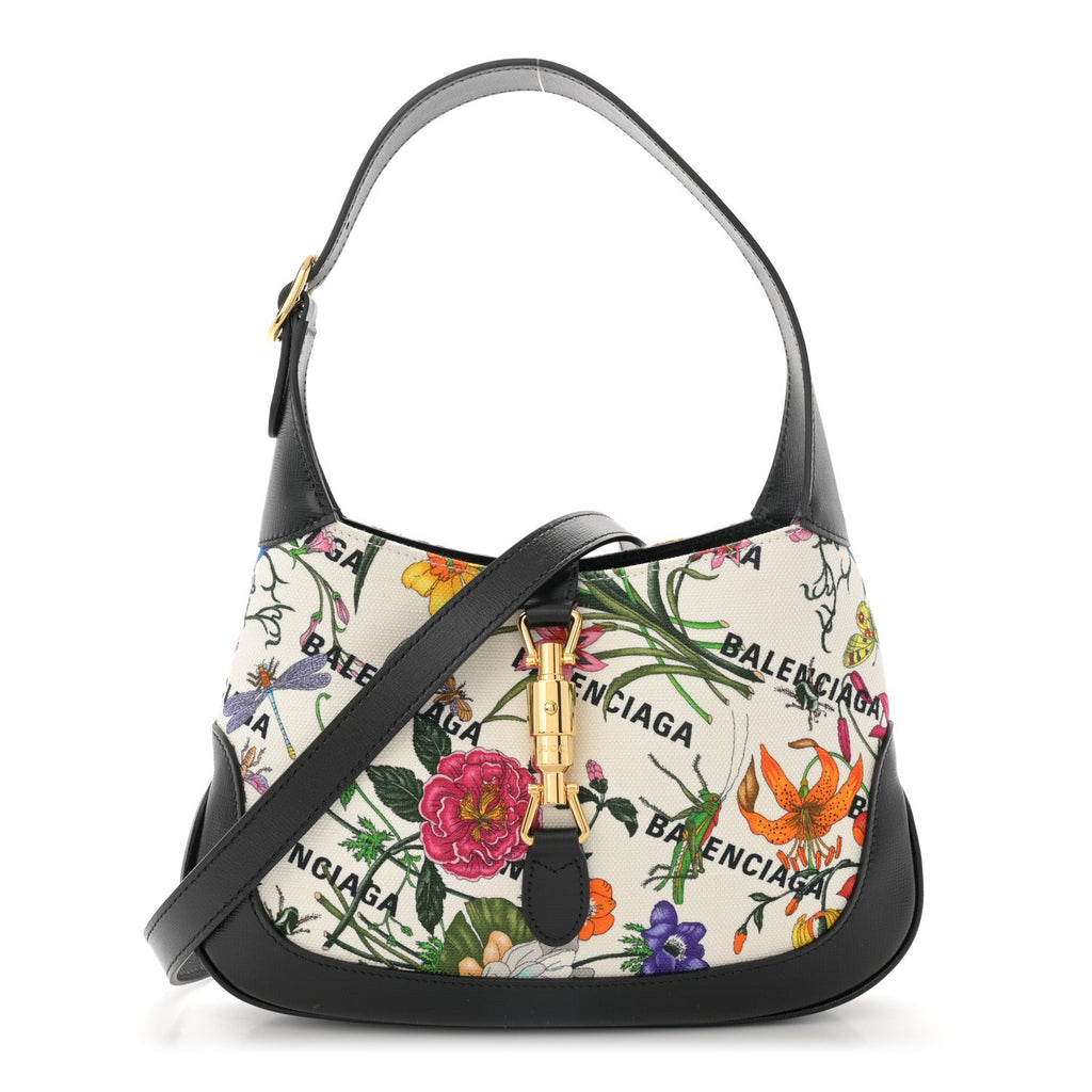 X BALENCIAGA Canvas Boarded Pluton Calfskin Flora Logo Print Small Jackie 1961 Hobo White Multicolor Black