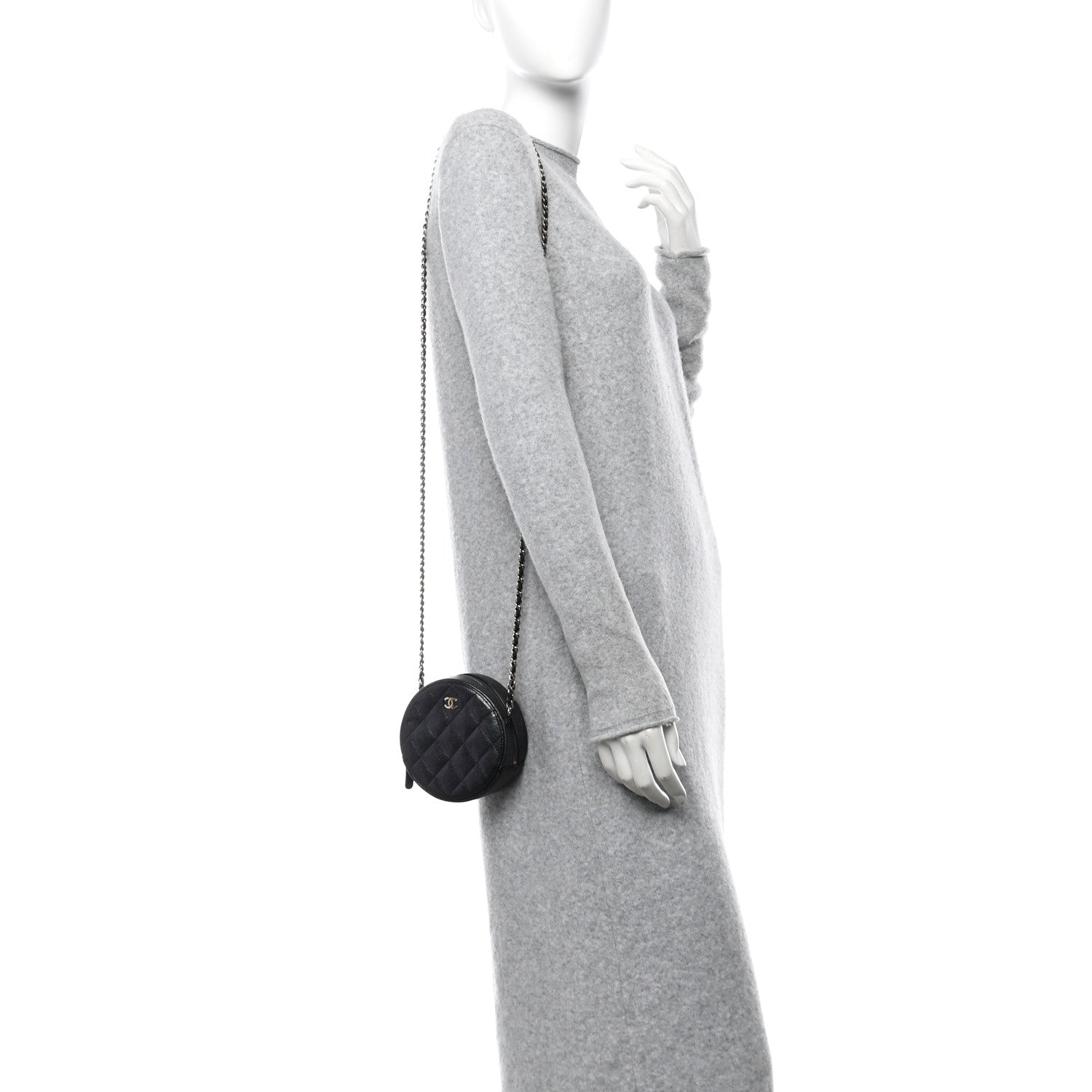 Iridescent Caviar Quilted Round Clutch With Chain Black