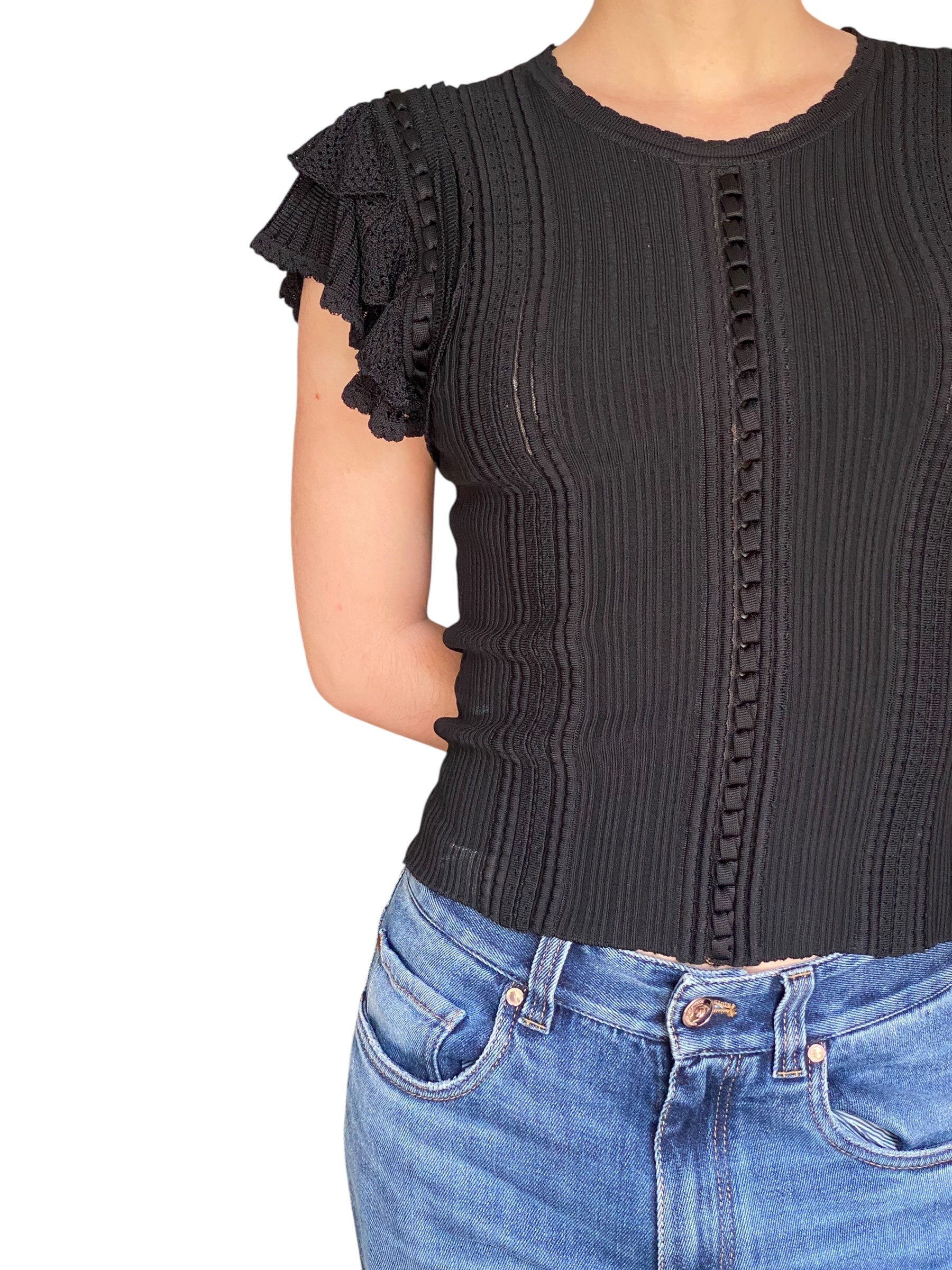 Ulla Johnson Black Knit Ribbed Ruffle Top - S