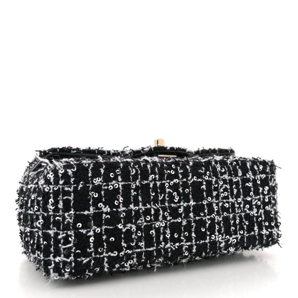 Tweed Quilted Mini Top Handle Rectangular Flap Black White