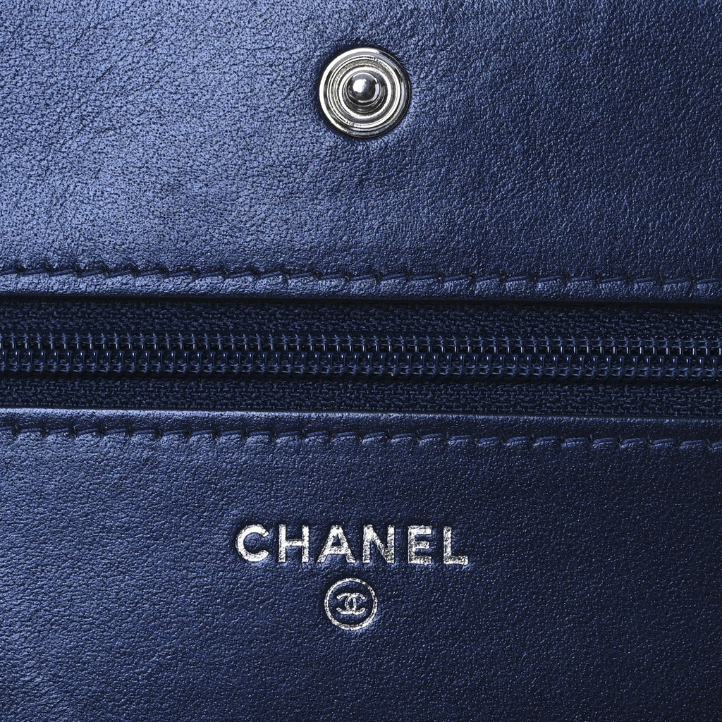 Patent Metallic Crumpled Calfskin Quilted Wallet On Chain WOC Navy