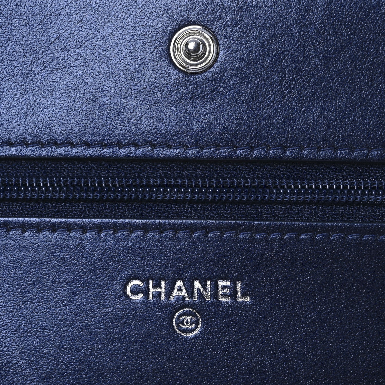 Patent Metallic Crumpled Calfskin Quilted Wallet On Chain WOC Navy