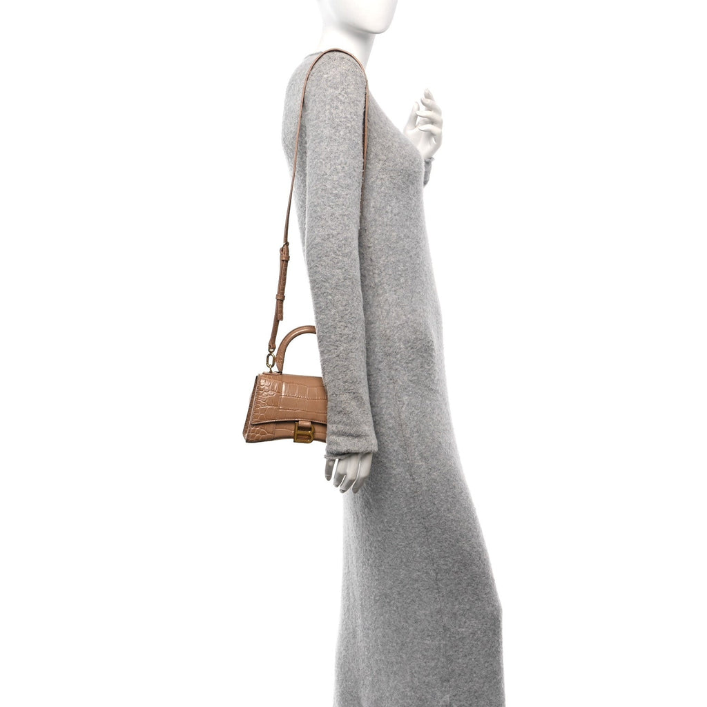Shiny Calfskin Crocodile Embossed Hourglass Top Handle Bag XS Nude Beige