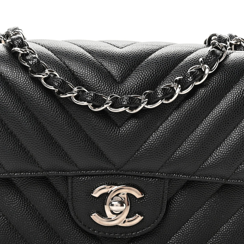 Caviar Chevron Quilted Mini Rectangular Flap Black