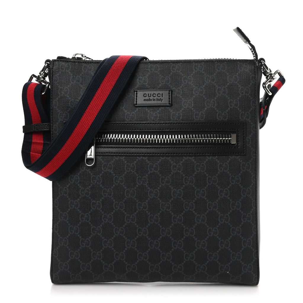 GG Supreme Monogram Appia Calfskin Web Flat Messenger Bag Black Grey