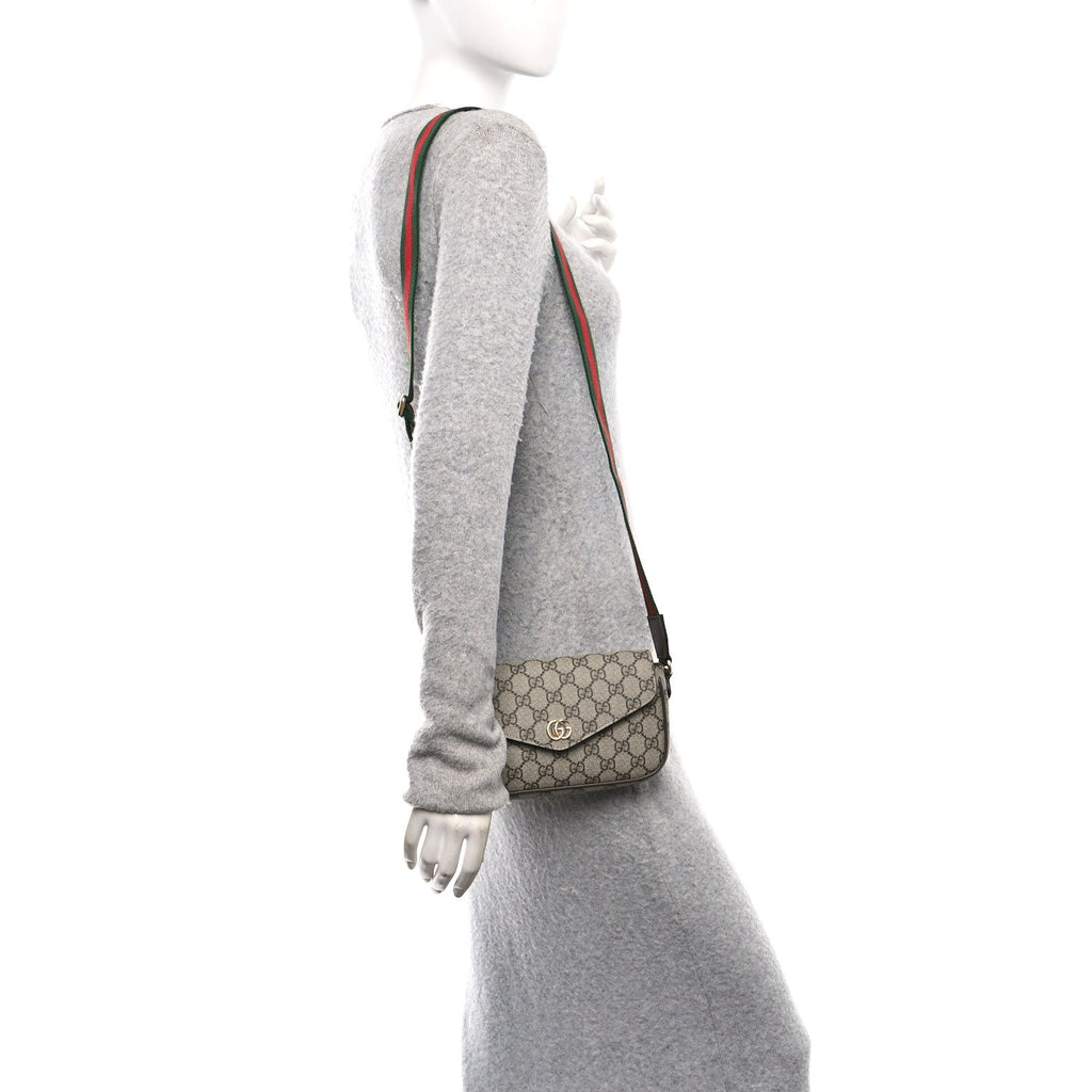 GG Supreme Monogram Textured Dollar Calfskin Web Mini Ophidia Envelope Shoulder Bag Beige Ebony New Acero