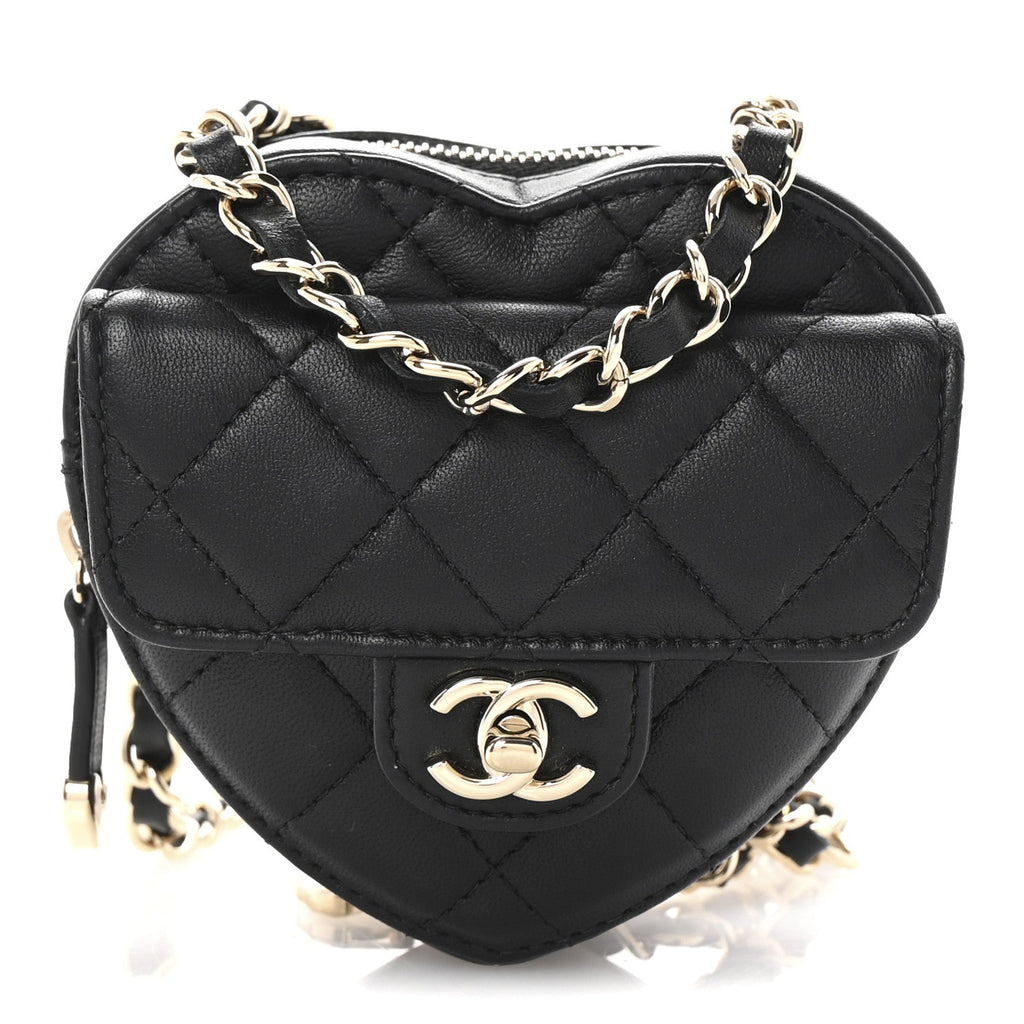 Lambskin Quilted CC In Love Heart Waist Belt Bag With Chain Black