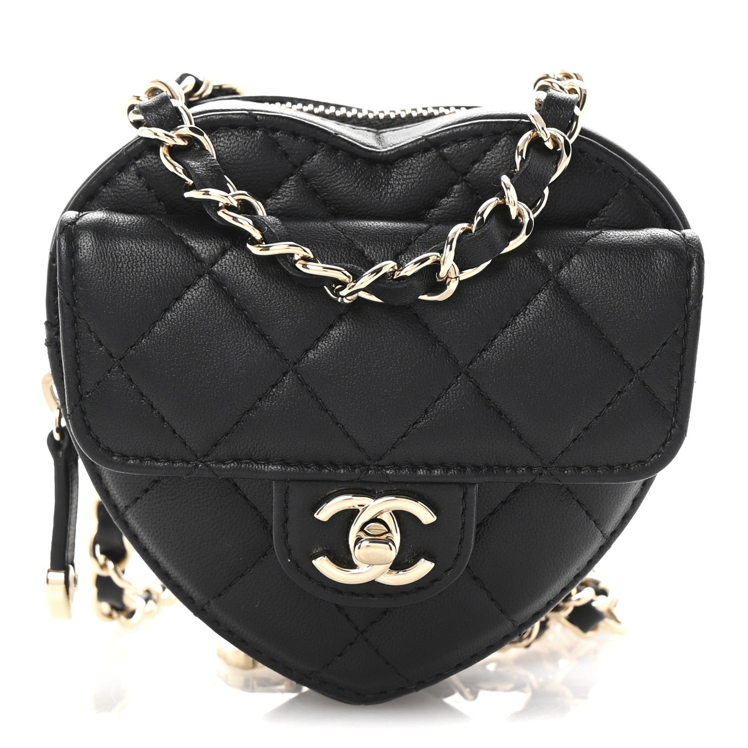 Lambskin Quilted CC In Love Heart Waist Belt Bag With Chain Black
