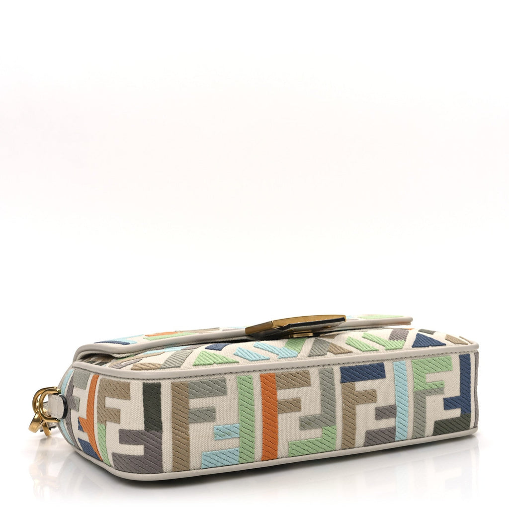 Canvas Vitello Seta FF Multicolor Embroidered Baguette Grezzo Multicolor Latte