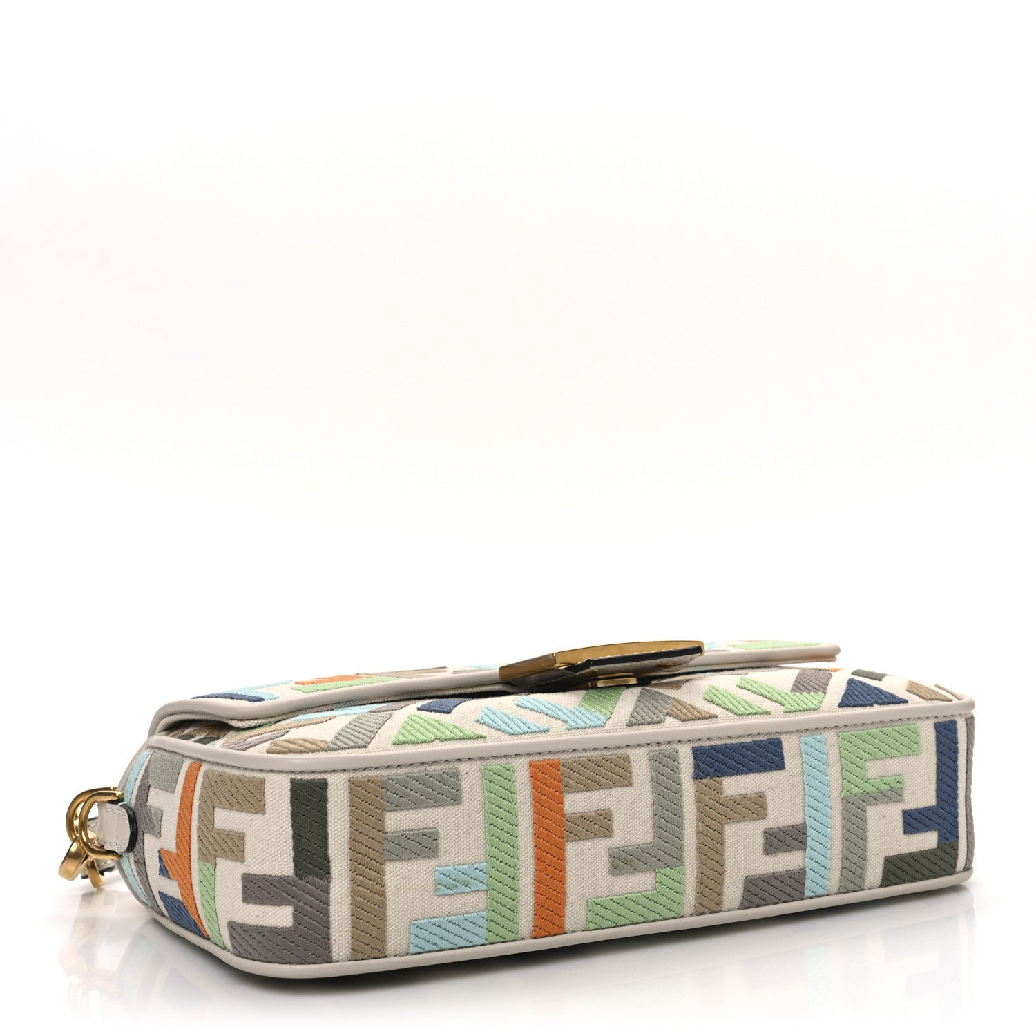 Canvas Vitello Seta FF Multicolor Embroidered Baguette Grezzo Multicolor Latte