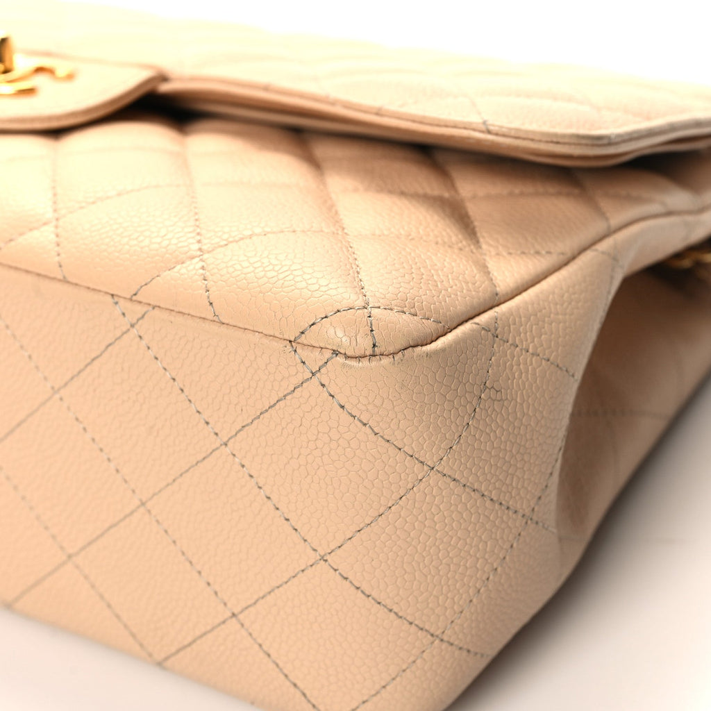 Caviar Quilted Jumbo Double Flap Beige