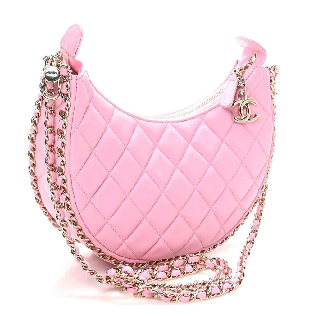 Lambskin Quilted Small Hobo Bag Pink