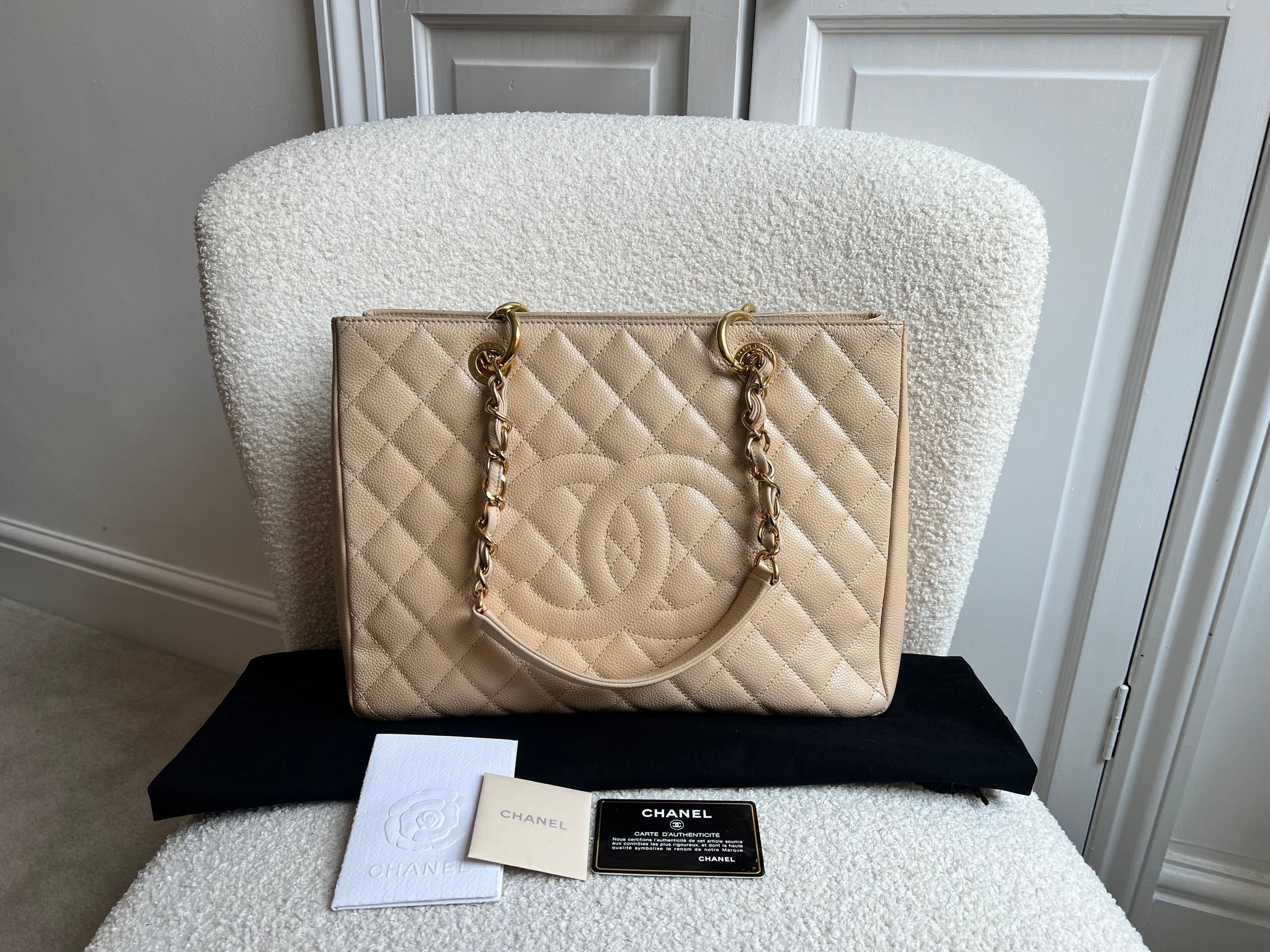 Chanel Beige Caviar Grand Shopper Tote gold hardware (GST)