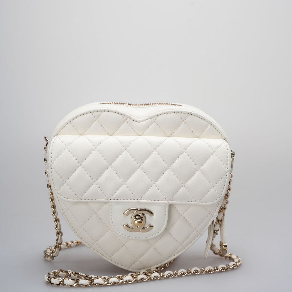 Chanel Big Heart Bag Lambskin Quilted CC In Love Clutch With Chain in White